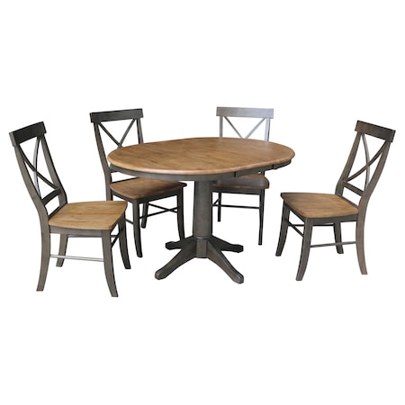 International Concepts Round 36 in Rd Extension Dining table, 4 RTA chairs, Hickory/Washed Coal, 36 W, 48 L, 30.1 in H, Wood K45-36RXT-27B-C613-4